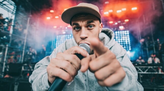 Young rapper points toward the camera while performing with a microphone beneath colorful nightclub and concert lights.