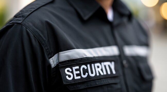 Security guard in black uniform with security patch and reflective strip