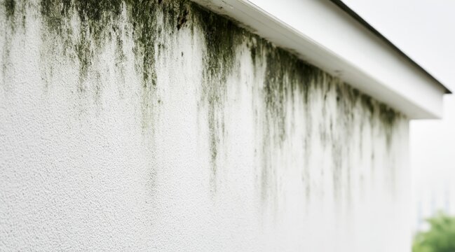 Algae and mold growing on white stucco wall of residential building