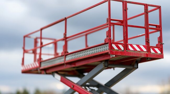 Low angle view of red scissor lift platform with safety railings and hazard stripes