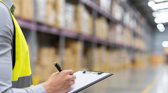 Warehouse worker writing on clipboard in storage facility