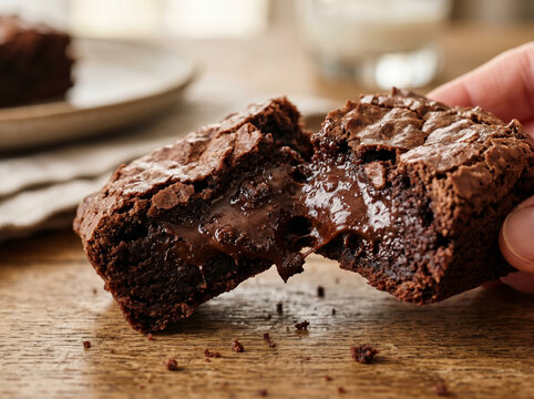 Delicious split chocolate fudge brownie cake on wooden table