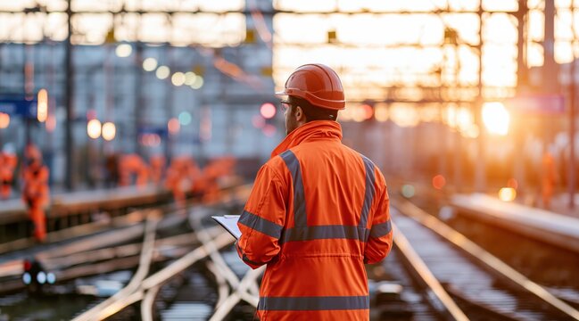 Worker in orange high visibility jacket and hard hat looking at railway tracks at sunset