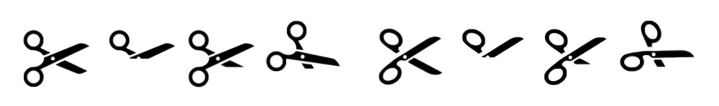 Set of black scissors icons in various cutting poses, minimalist design