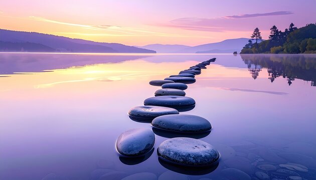 Serene Stepping Stones Path Across Calm Lake at Sunrise with Distant Castle.