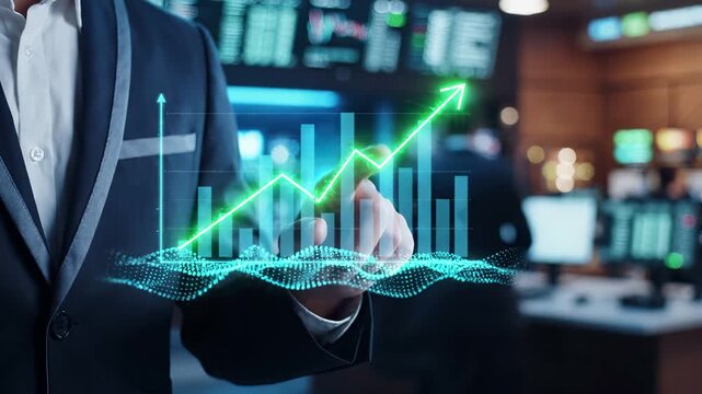 Businessman in a suit interacts with a digital financial graph as a green arrow rises over bar charts. Market growth, investment success and economic trade analysis for corporate finance.