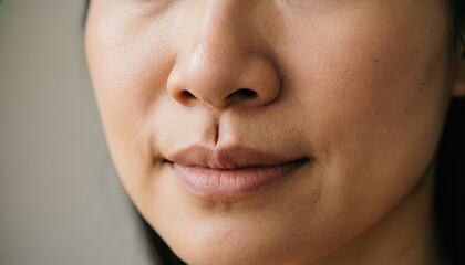 Fototapeta premium A close-up of a female deep deformed philtrum, capturing natural skin texture and soft lighting. Generative AI