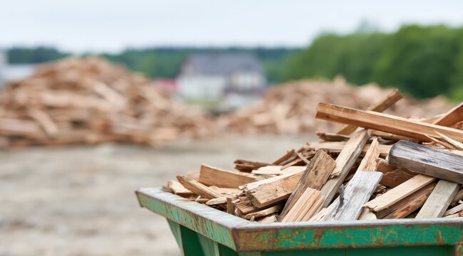 Green metal skip filled with scrap wood pieces at outdoor construction site