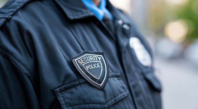 Close up of security police officer uniform with shield patch