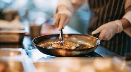 Fototapeta premium Chef cooking fish fillet in pan at professional kitchen