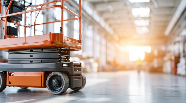 Orange electric scissor lift parked in industrial warehouse
