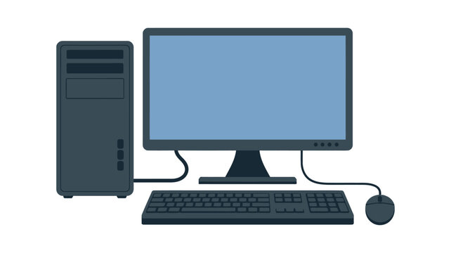 Desktop computer set, monitor tower keyboard and mouse, office workstation equipment isolated vector illustration.