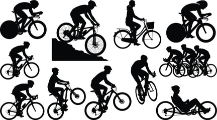 Obraz premium Action bicycle rider silhouettes in dynamic poses during extreme sports performance Vector