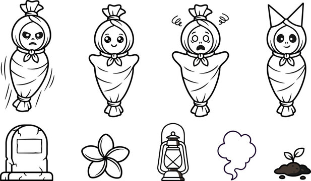 Pocong Ghost Indonesian Mythology Cartoon Mascot Character Line Art Set with Tombstone Frangipani Flower Oil Lantern and Smoke Vector Graphics