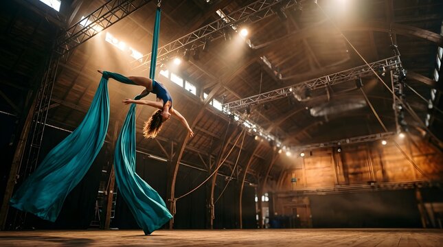 Professional aerial silk performer hanging gracefully in a large studio