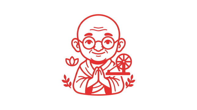 Mahatma Gandhi Cartoon Icon, Namaste Greeting, Charkha, Lotus Flower