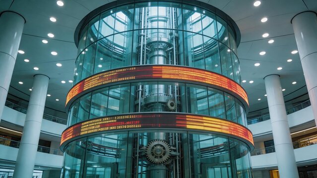 Modern glass elevator shaft with digital stock market ticker display, financial news scrolling on LED screens inside corporate building atrium