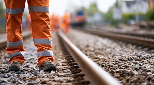 Lower section of worker in orange safety trousers standing on railway tracks