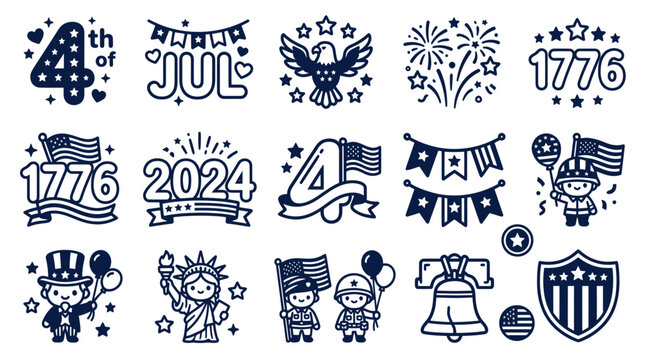USA Independence Day Icons: July 4th, Fireworks, Eagle, Statue of Liberty, 1776