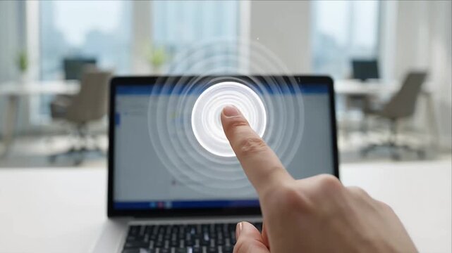 Cybersecurity digital interface protection human hand gesture computer user data network screen laptop office modern technology concept futuristic cybersecurity user interface touch circle laptop