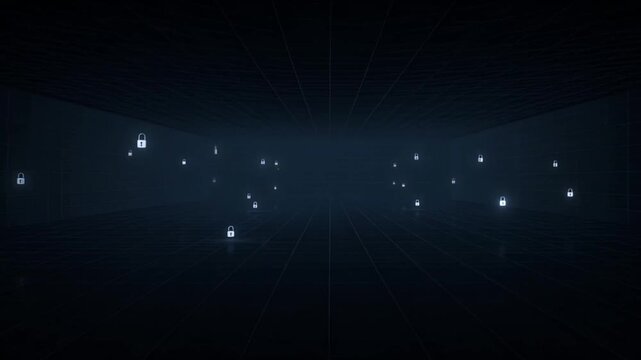 Cybersecurity data protection digital lock abstract network privacy secure connection technology background with encryption secure access concept in dark futuristic tunnel and server room hallway