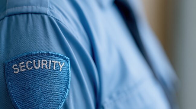 Security guard uniform with embroidered patch on shoulder