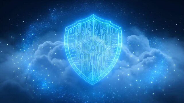 Cybersecurity shield cloud data protection digital security network safety firewall glowing neon technology concept blue background mysterious futuristic mood over blue cloud background with glowing