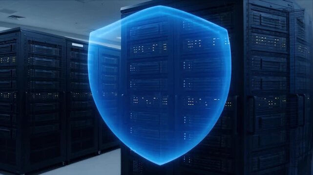 Cybersecurity data protection server shield network security technology blue digital glow modern data center server rack protection digital security network safety defense secure server room privacy