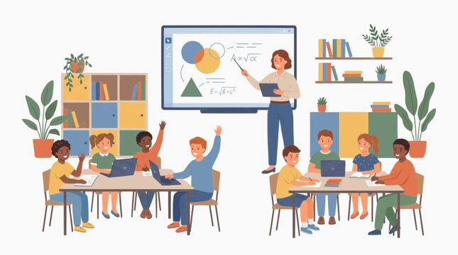 Modern classroom vector illustration with teacher explaining lesson on interactive whiteboard to elementary school students