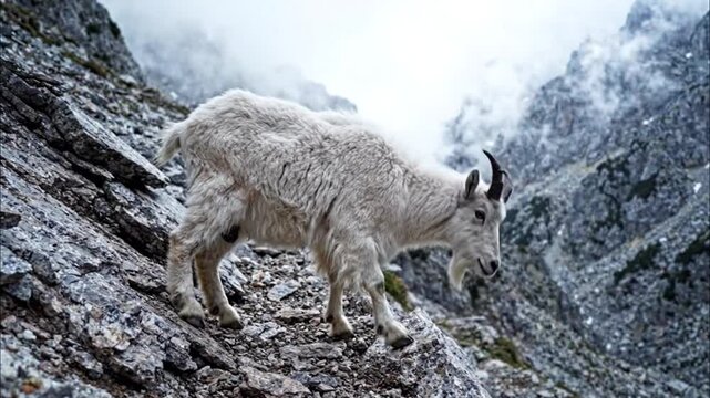 Mountain goat climbing steep rocky slope.