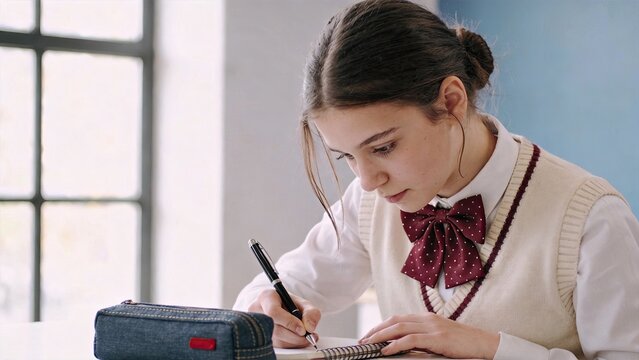 Focused female student in school uniform writing notes with pen in spiral notebook, studying hard for exams or doing homework at desk in classroom, education and learning concept.