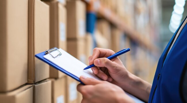 Close up of warehouse worker hand writing on clipboard in storage room