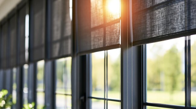 Black roller blinds on windows with bright sunlight and blurred nature background