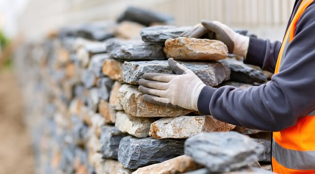 Close up of worker building dry stone wall with natural stones