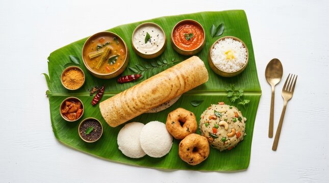 Traditional south indian breakfast platter served on banana leaf