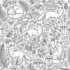 Obraz premium Woodland Forest Floor Line Art Seamless Pattern with Foxes and Mushrooms