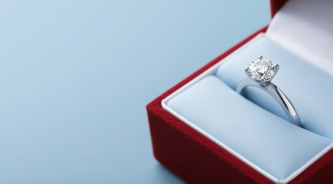 Diamond engagement ring in red velvet box on blue background