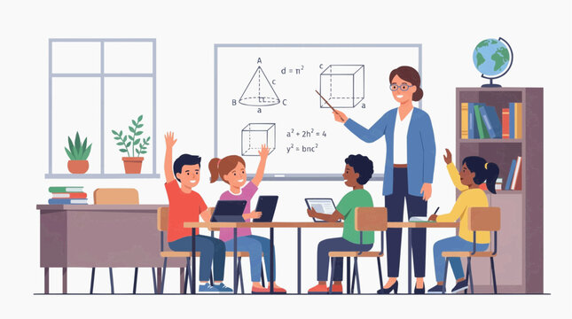 Engaged elementary school students actively participating in a math lesson with their attentive female teacher in a modern, bright classroom setting, fostering a positive learning environment