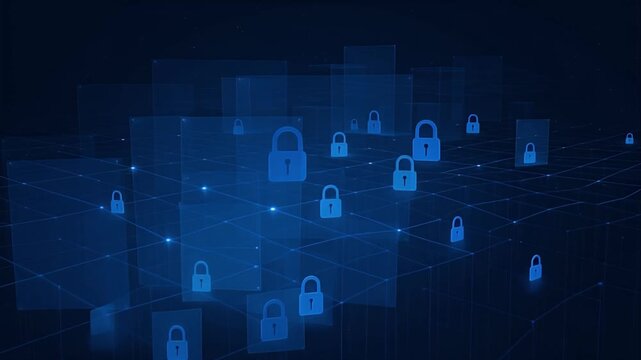 Cybersecurity network protection with blue padlock grid, digital data privacy and secure connection, abstract technology background with digital lock, firewall encryption and glowing blue security