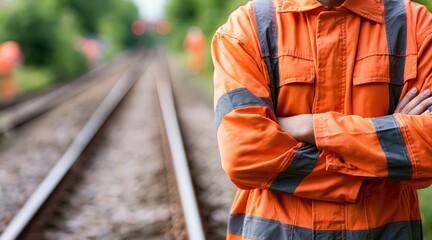 Fototapeta premium Railway worker in orange high visibility clothing standing near tracks with crossed arms