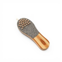Fototapeta premium Wooden foot file, gray abrasive surface. Small seeds scattered atop, minimalist design, clean background. Simple tool for skincare.