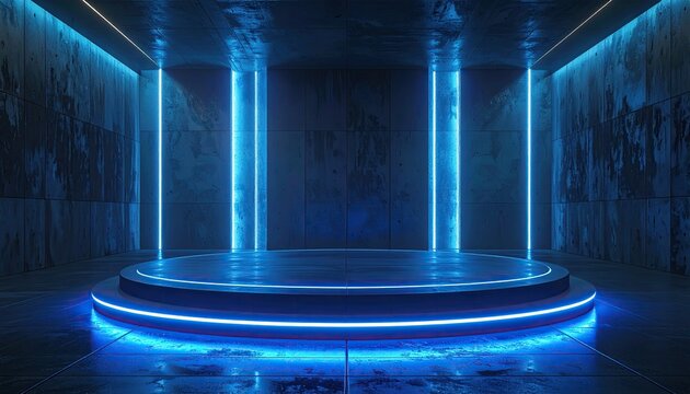 Futuristic Neon Stage with Blue Light Pillars and Circular Platform.