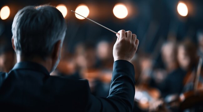 Rear view of symphony orchestra conductor holding baton during concert