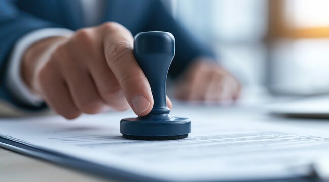 Close up of businessman hand pressing blue rubber stamp on paper document