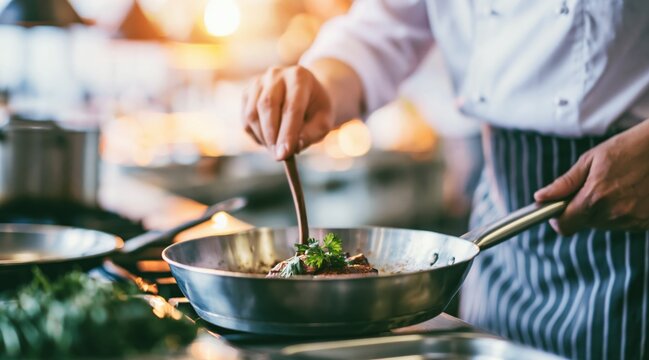 Professional chef cooking meat in frying pan in restaurant kitchen