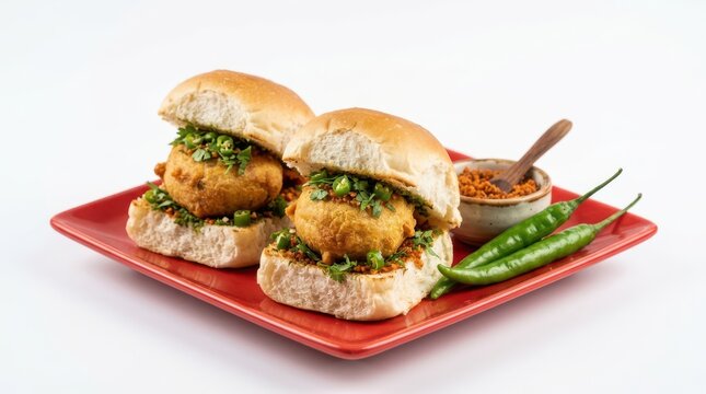 Vada pav, a popular indian street food snack, served on a red plate isolated on white background