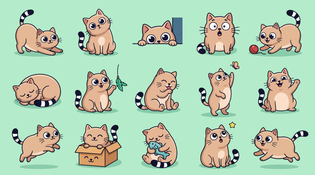 A set of 15 diverse cartoon cat illustrations featuring cute kittens in various playful poses and daily activities
