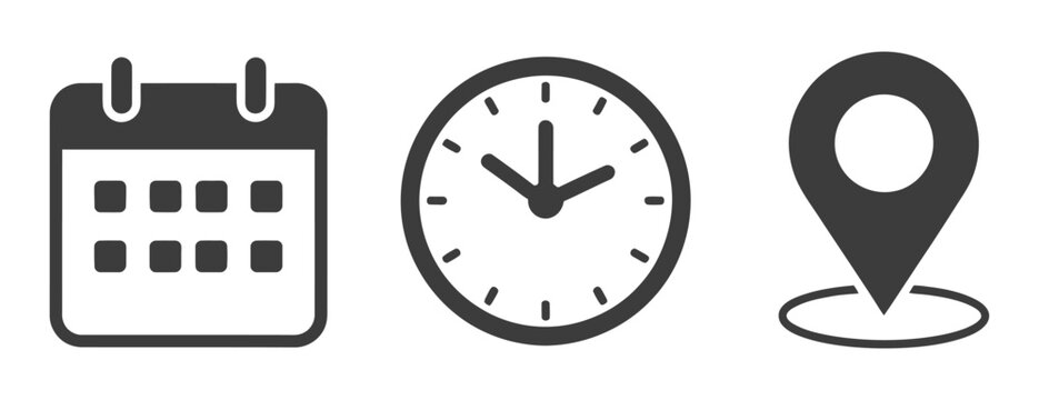 Calendar clock and location pin icons set, time date and address flat symbols, vector illustration for scheduling and navigation.