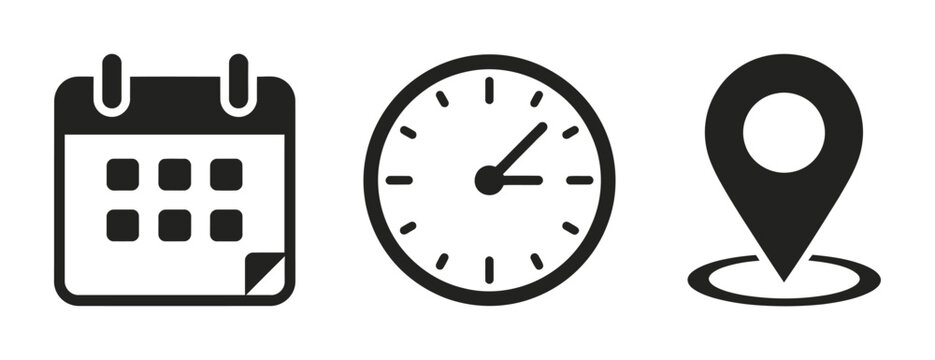 Calendar clock and location pin icons set, time date and address flat symbols, vector illustration for scheduling and navigation.