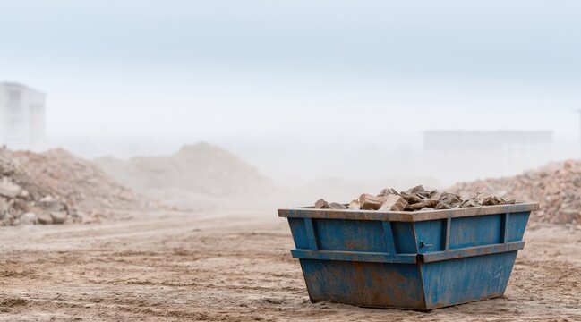 Blue skip container with stone rubble on demolition site in fog